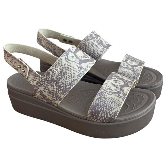 Crocs Sandals Womens 8 Tan Snake Print Brooklyn Low Wedge Platform Slingback - Picture 1 of 11